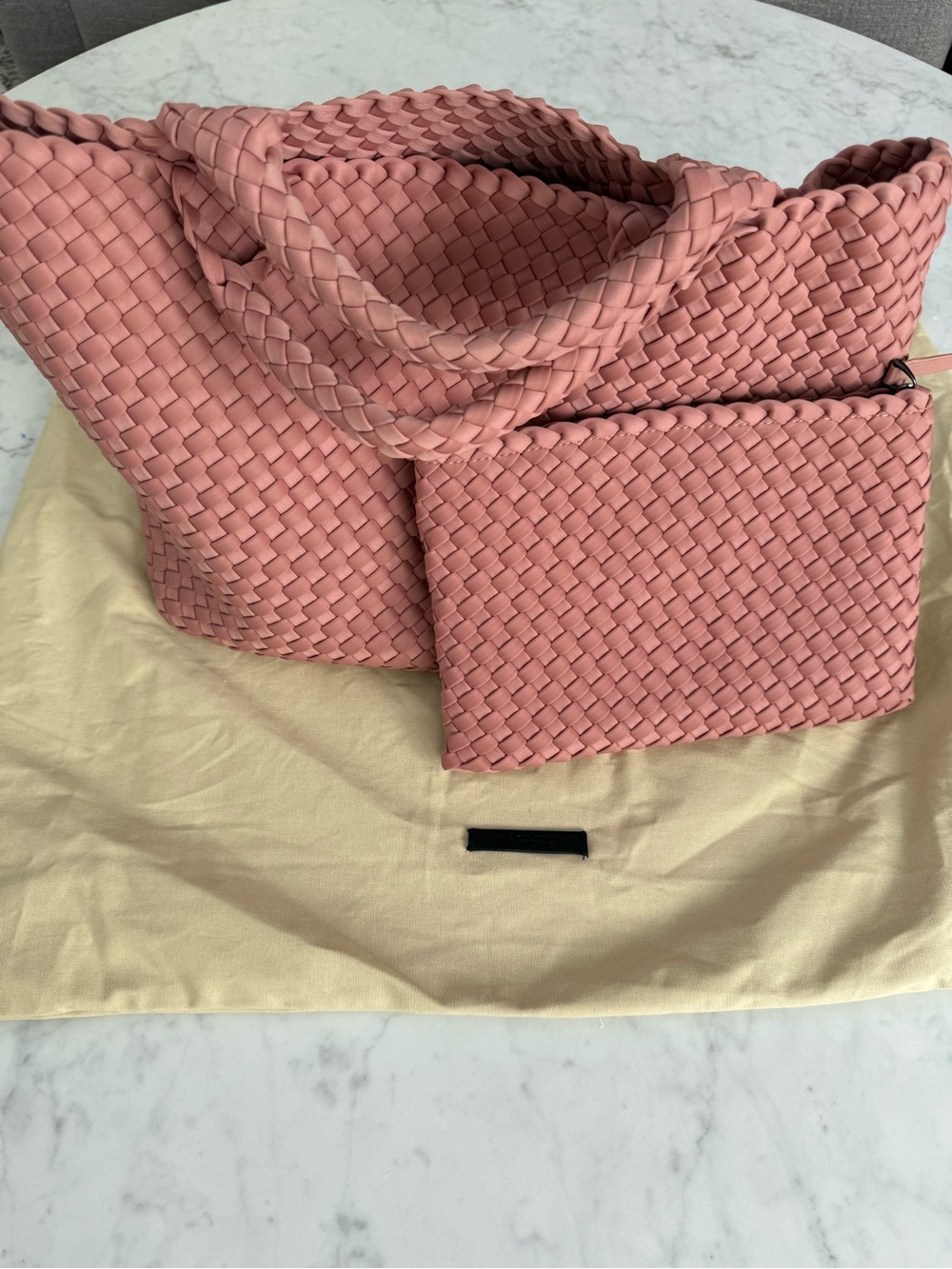 Naghedi St Barths Woven Tote Pink Medium Neoprene Bag w/ Pouch Dust Bag Dusk